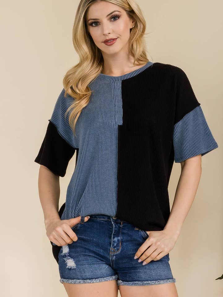 Plus Size Urban Rib Contrast Round Neck Top -CT33877-PL
