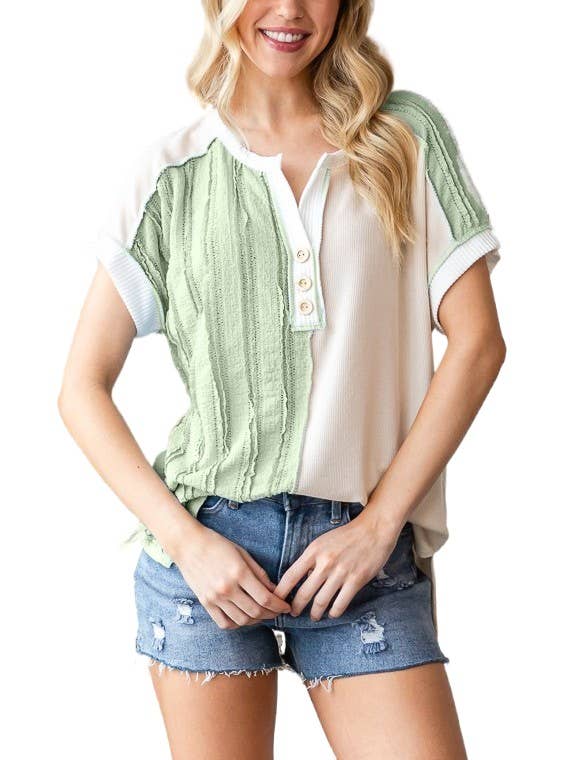 Color Block Half Textured Button Front Top