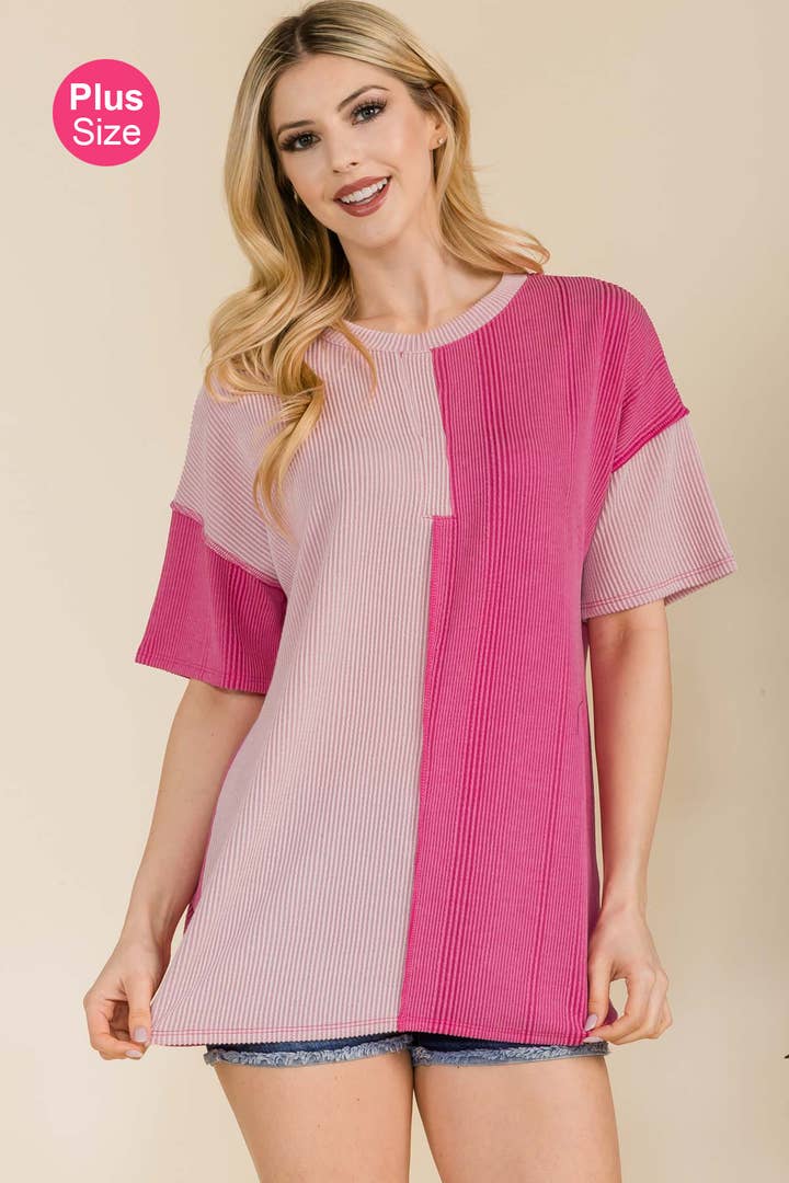 Plus Size Urban Rib Contrast Round Neck Top -CT33877-PL