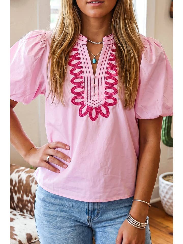Western Casual V Neck Embroidery Short Sleeve Blouse