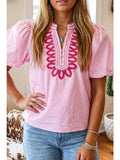 Western Casual V Neck Embroidery Short Sleeve Blouse
