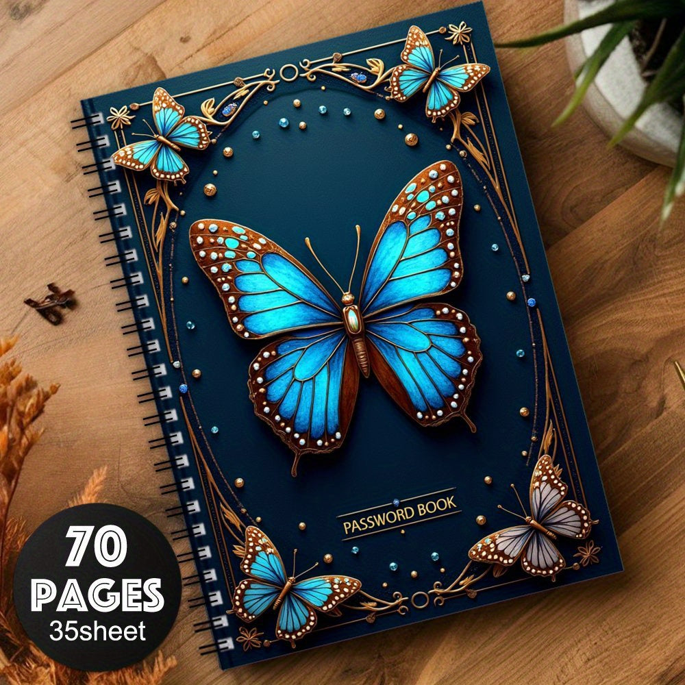 70-Sheet Spiral Password Notebook, Elegant Blue And Brown Butterfly Design - Golden Accents, Floral Patterns, And Beaded Border - Ideal for Home Or Office Password Management