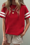 Fiery Red Varsity Striped Short Sleeve Crew Neck T Shirt