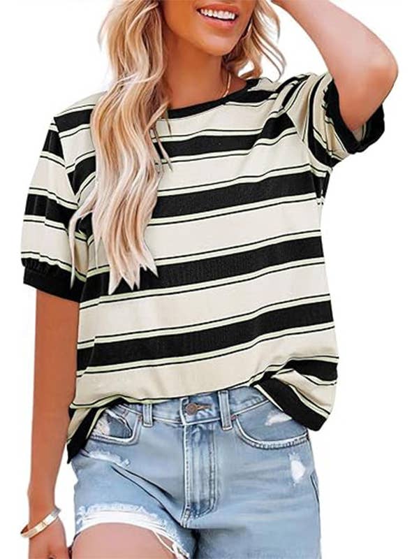 Short Sleeve Colorblock Crewneck Relaxed Stripe Top