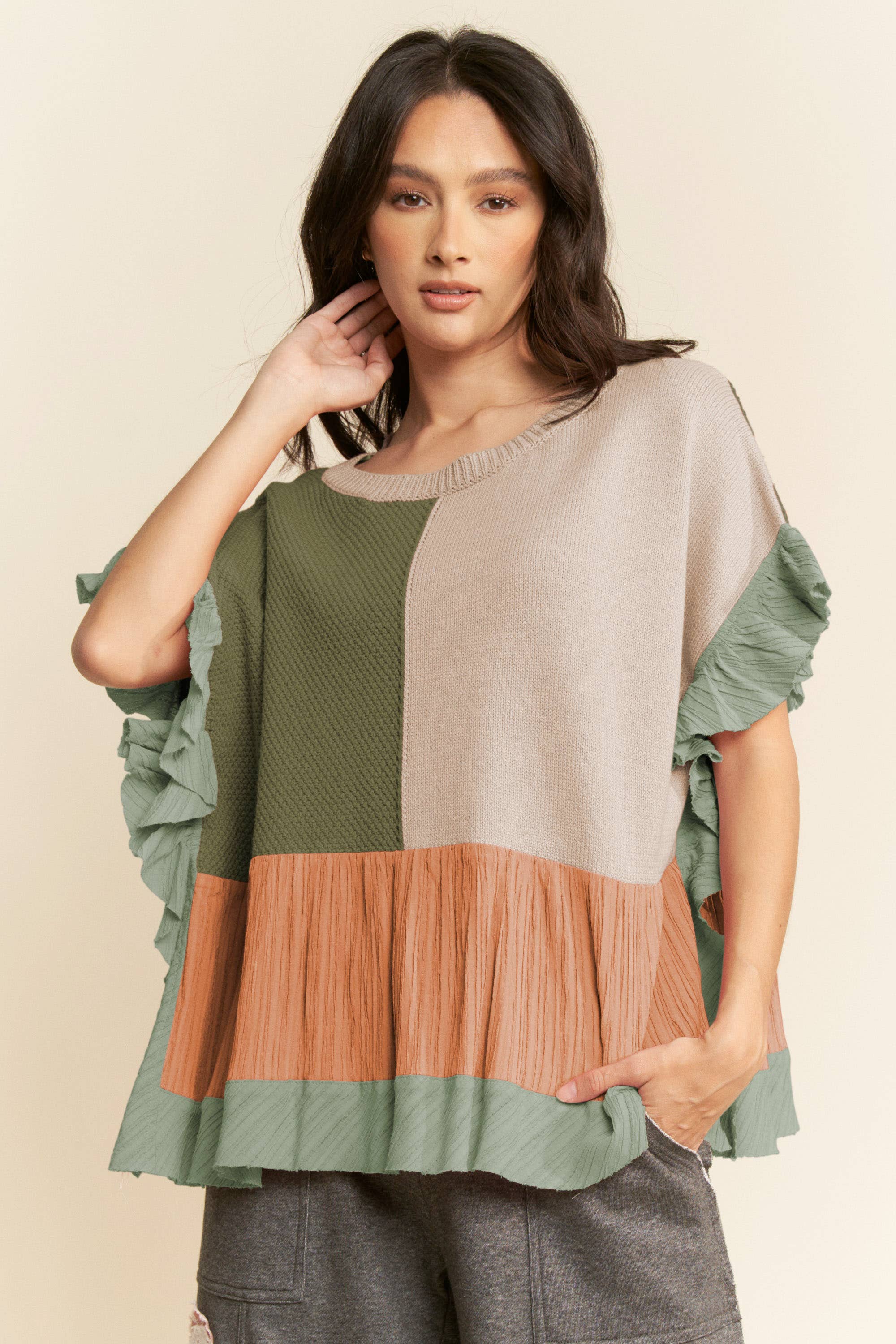 DWT30653-SWEATER Mix Textured Fabric Ruffle Detail Top