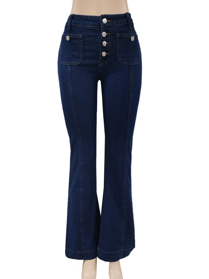 Midi Washed Fly Button High Rise Flare Indigo Jean