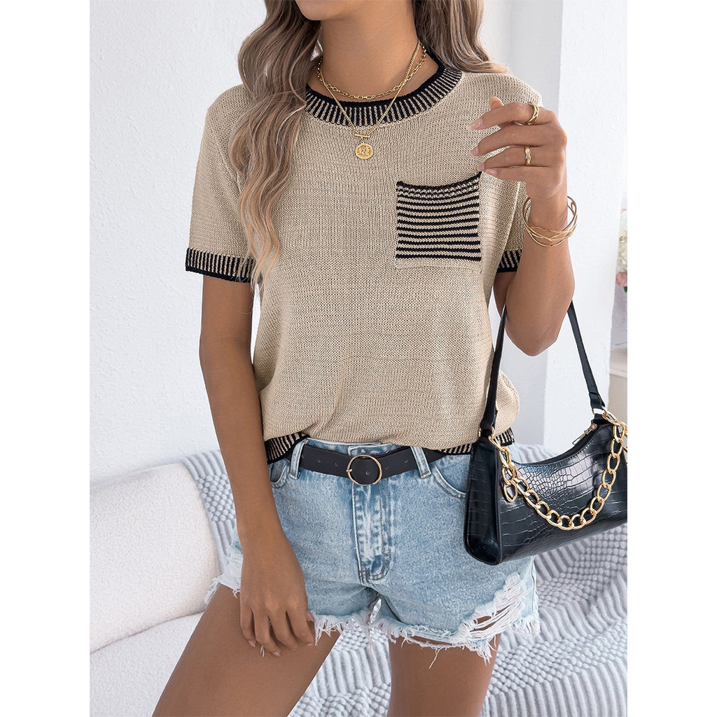 Color-Block Striped Pocket Short Sleeve Knit Top BJS291