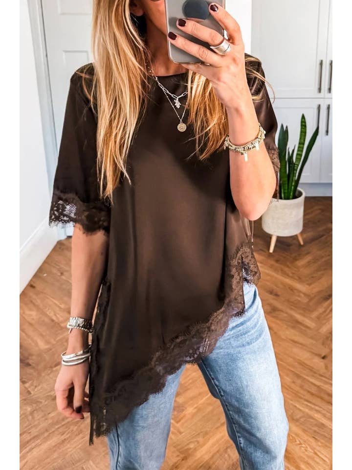 Ldc Asymmetric Lace Trim Short Sleeve Satin Top