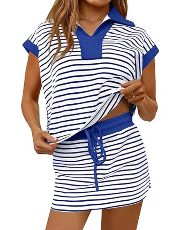Striped Collared Short Sleeve Top & Skort Casual Set