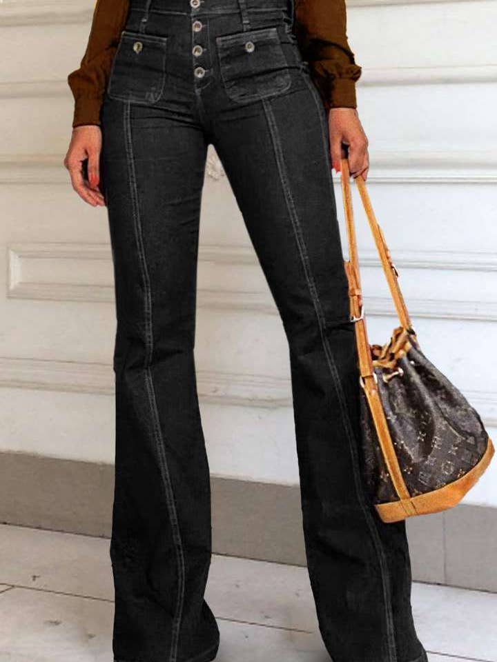 Midi Washed Fly Button High Rise Flare Indigo Jean