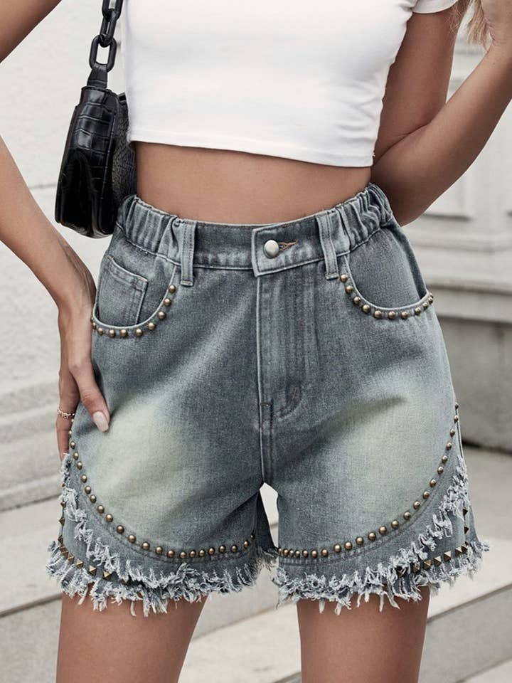 Trendy Studded Raw-Edged Denim Shorts