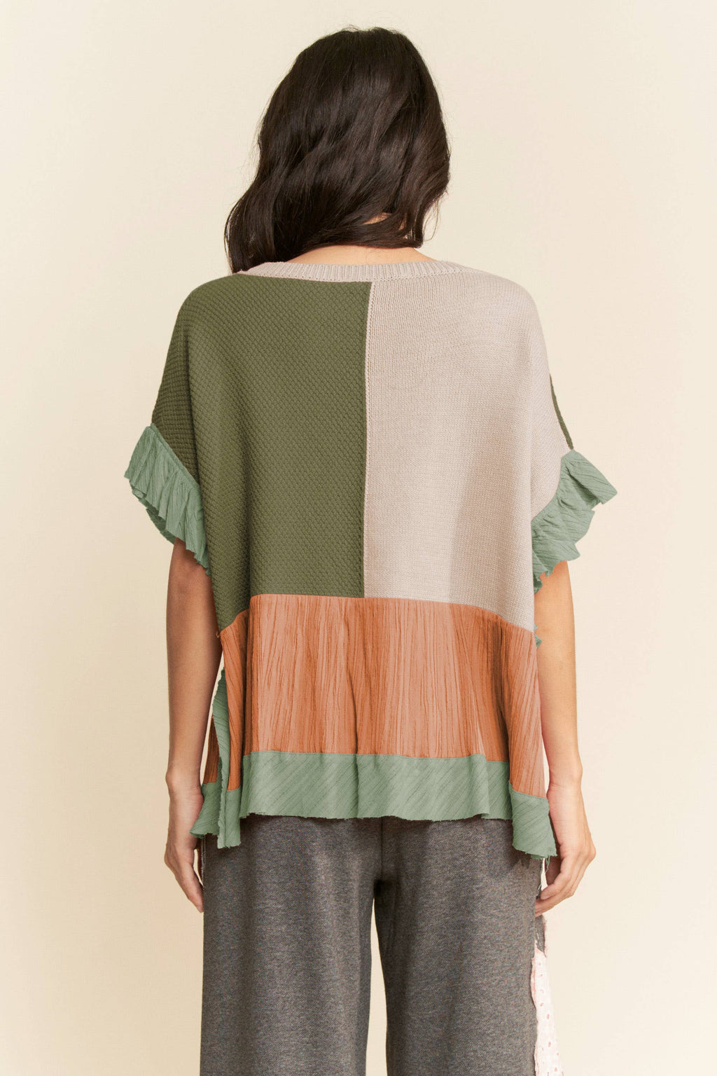 DWT30653-SWEATER Mix Textured Fabric Ruffle Detail Top