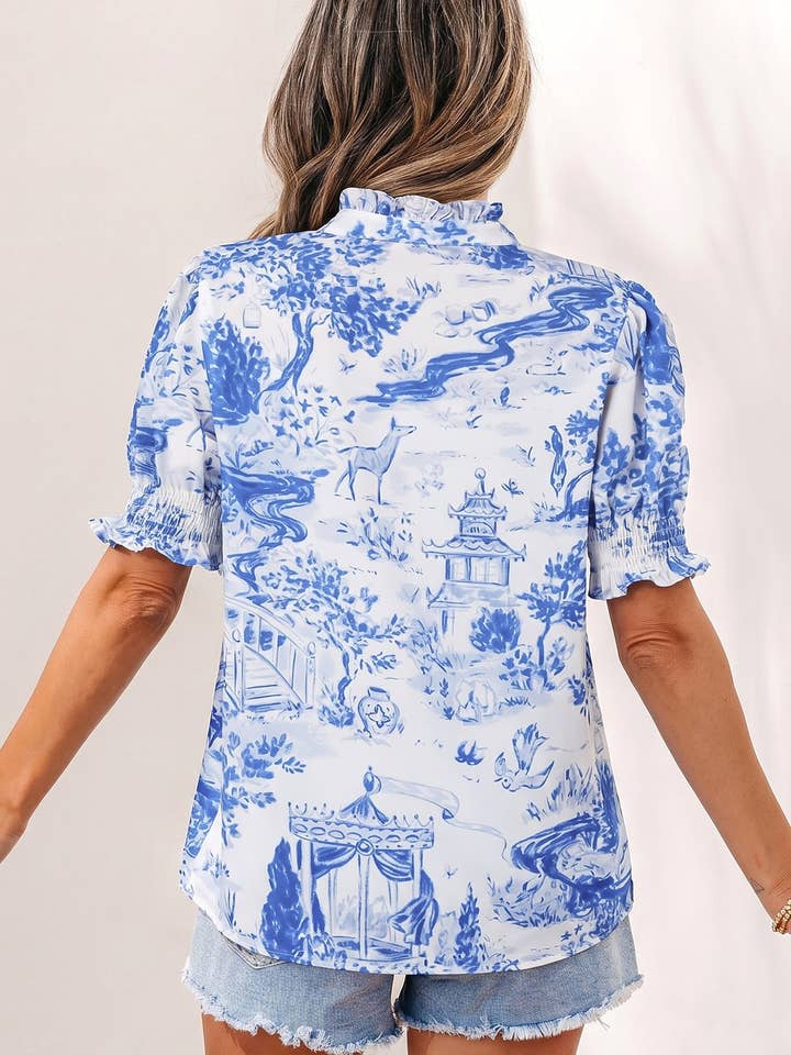 Blue Wild Animal Paradise Striped Detail V Neck Blouse