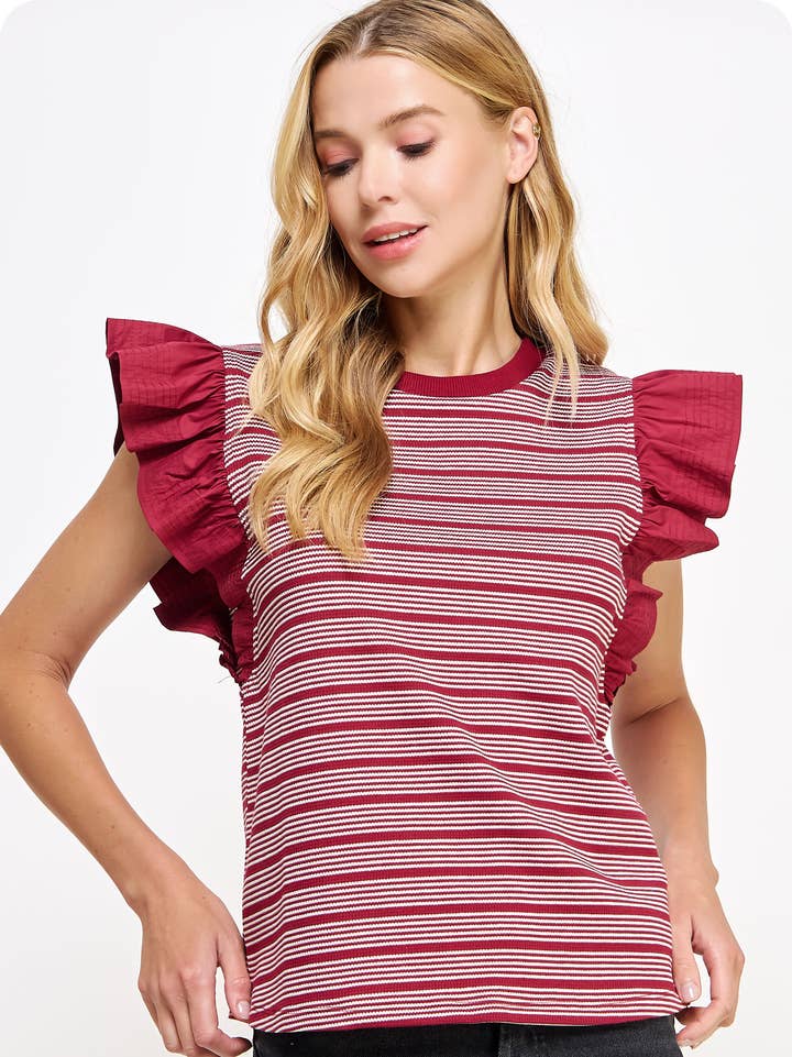 Mixed Media Stripe Top-Stitch Knit Top
