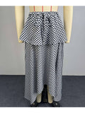 Drawstring Gingham Tiered Skirt Plaid Irregular Maxi Skirt