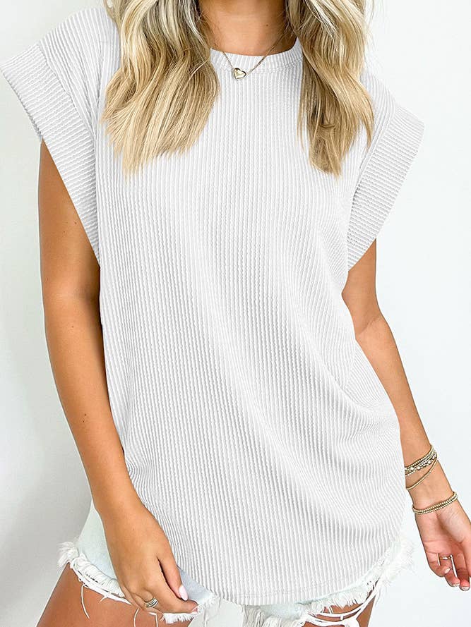 Plain Textured Striped Round Neck Short Sleeves Top ASJP093