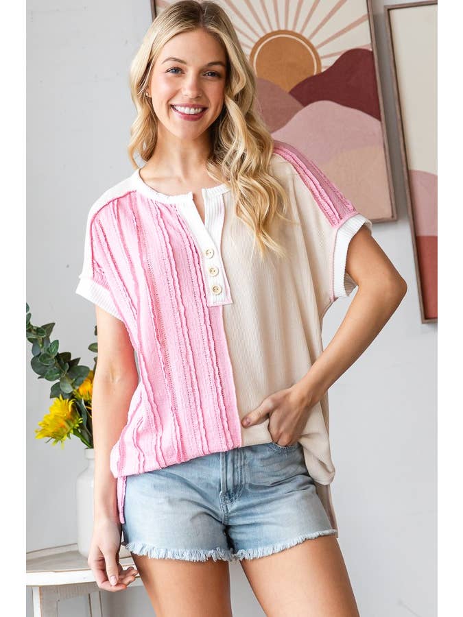 Color Block Half Textured Button Front Top