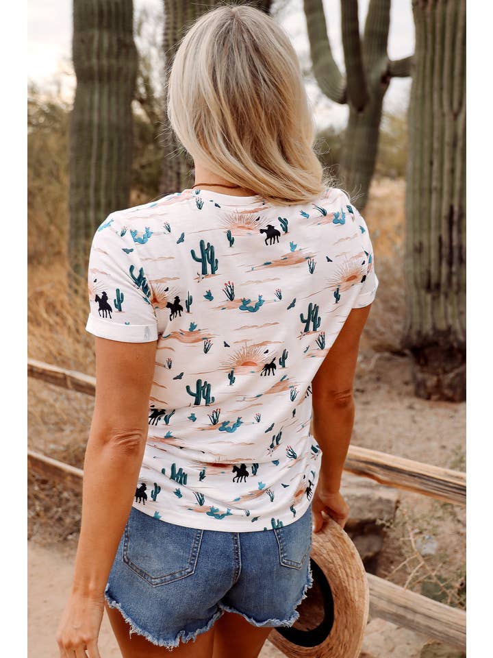 PRETTY BASH Western Cactus Crew Neck Short Sleeve Top