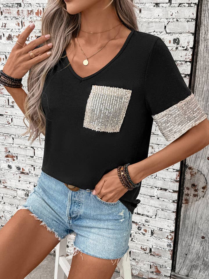 Casual Color-Block Sequin Short Sleeve T-Shirt BFZY1411