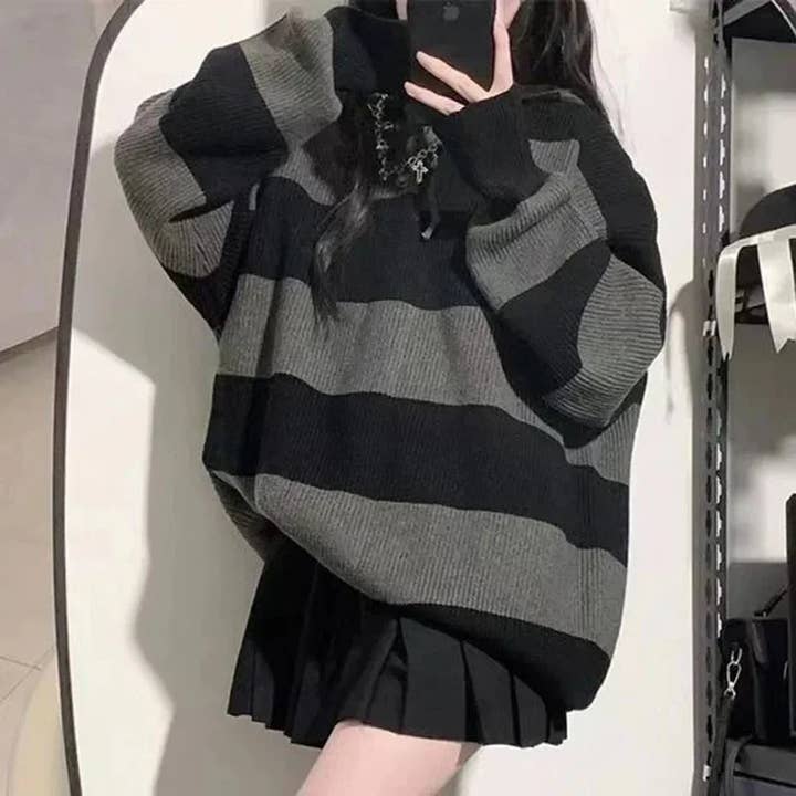 Striped Contrasting Sweater Women's Long Sleeve Knitted Sweatshirt Korean Fashion Streetwear Pullover Autumn New Casual Jumper