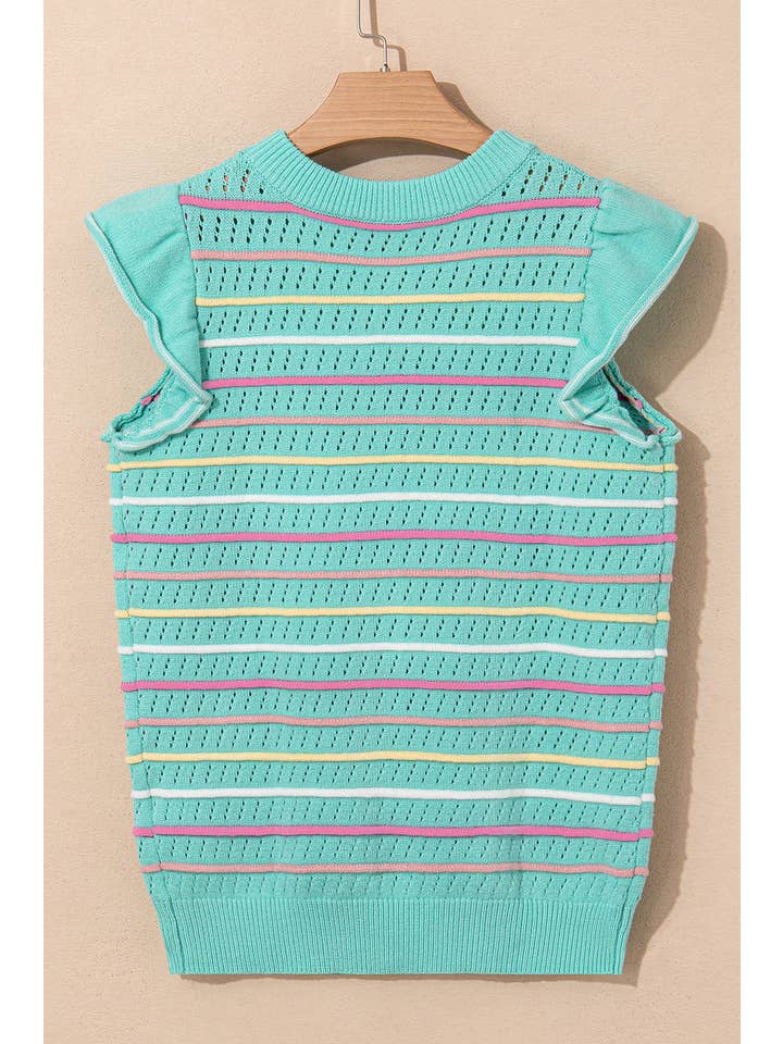 PRETTY BASH Stripe Eyelet Knit Ruffle Sleeve Sweater