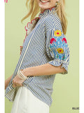 Embroidered Ruffle Trim Stripe Blouse