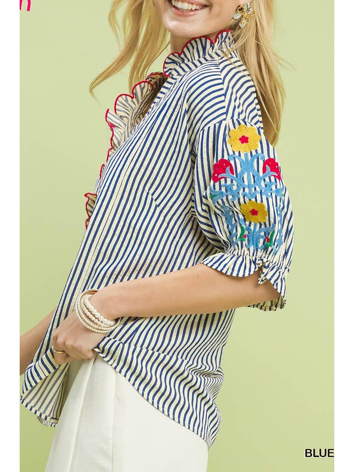 Embroidered Ruffle Trim Stripe Blouse