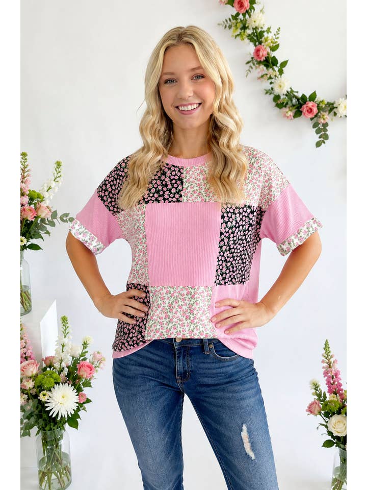 Floral Patchwork Short Sleeve Top T6396