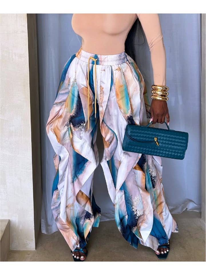 Drawstring Abstract Print Ruffled Wide Leg Parachute Pants