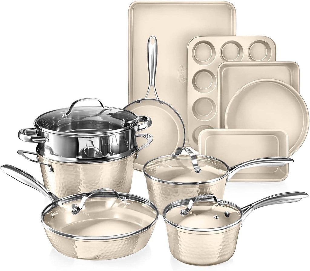 Gotham Steel Hammered Cream 15 Piece Cookware Set + Bakeware