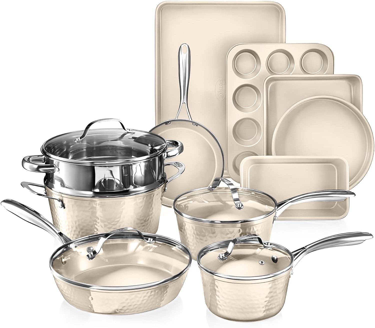 Gotham Steel Hammered Cream 15 Piece Cookware Set + Bakeware
