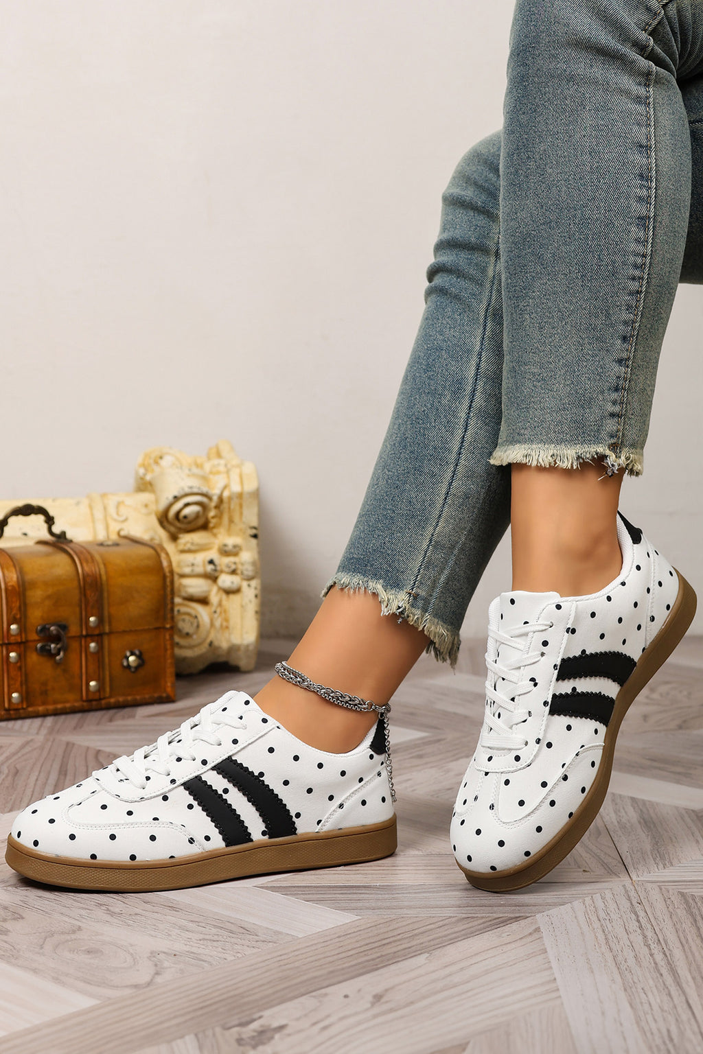White Polka Dot Print PU Leather Color Block Detail Casual Sneakers