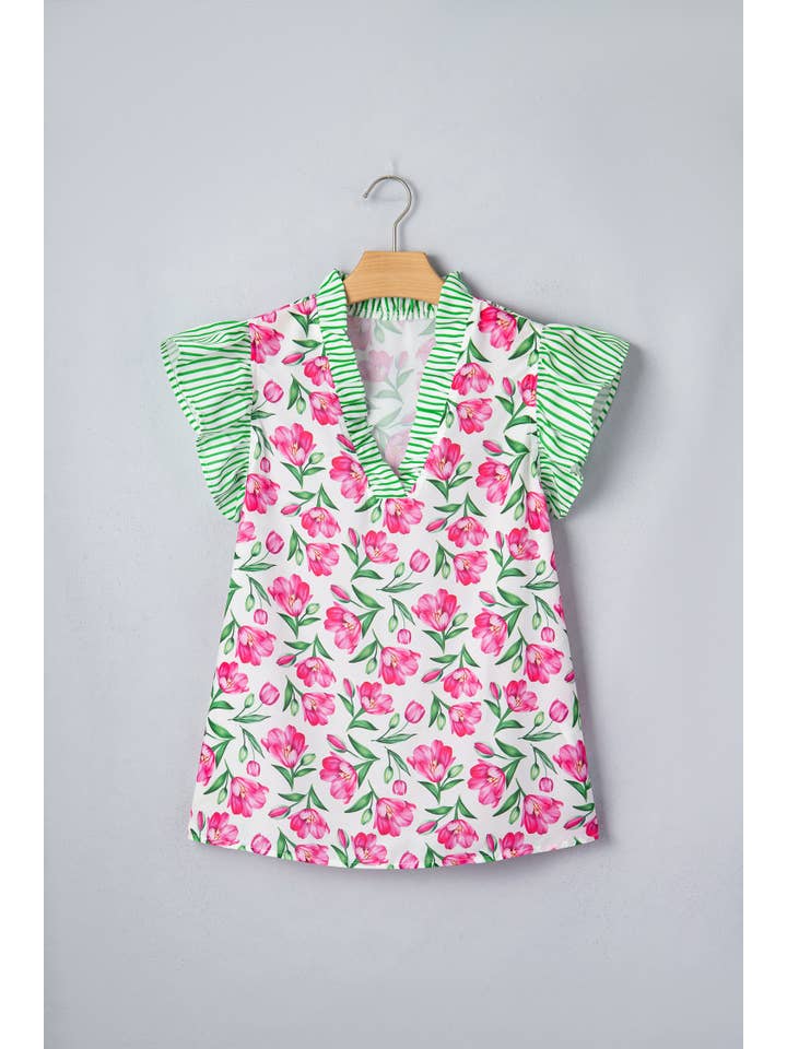 PRETTY BASH Floral Stripe Ruffle Trim Blouse