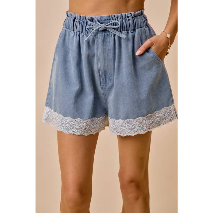 High Rise Front Tie Denim Shorts with Lace Trim
