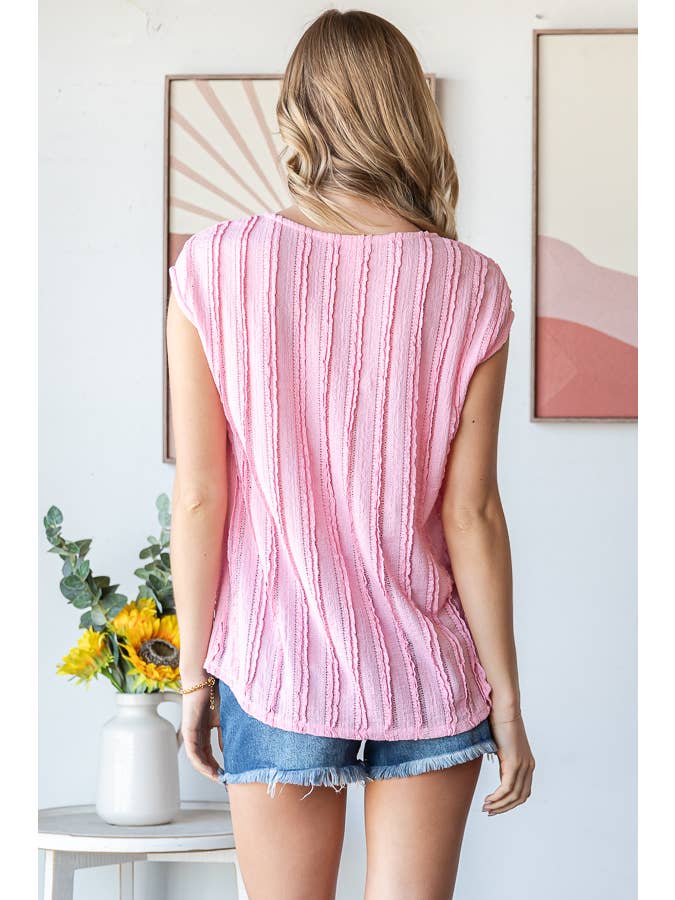 Lightweight Stripe Textured Cap Sleeves Blouse T5948