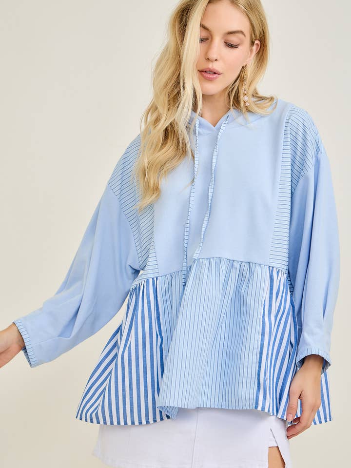 TR2181-01T French Terry Knit and Stripe Mixed Hoodie Top