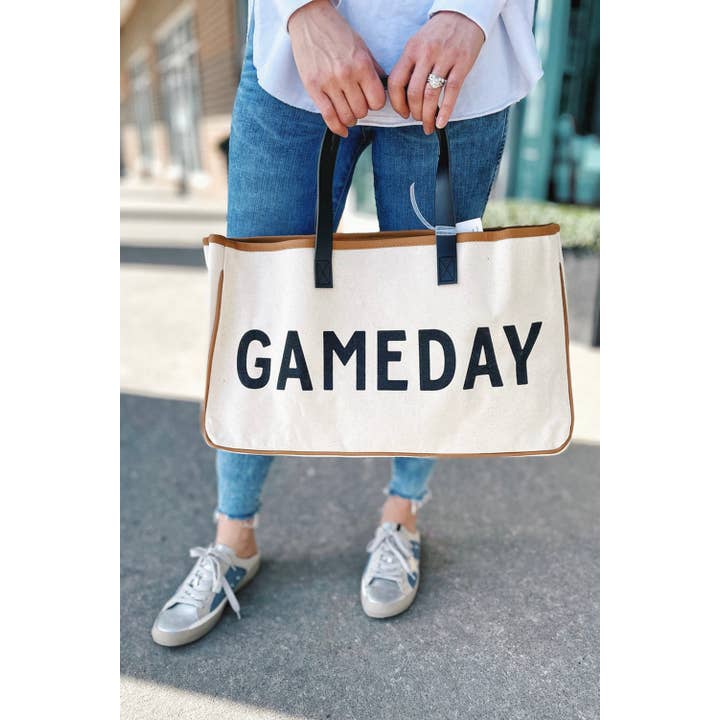 Ldc Contrast Handle Leather Trim Canvas Gameday Tote Bag