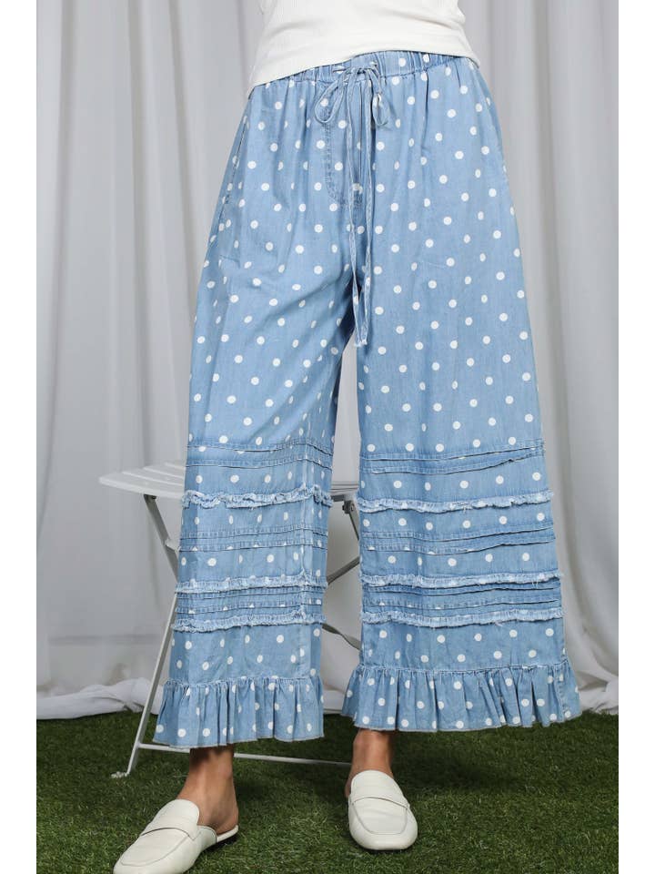 Polka Dot Flared Ruffle 100%Cotton Crop Denim Pants VP83039A