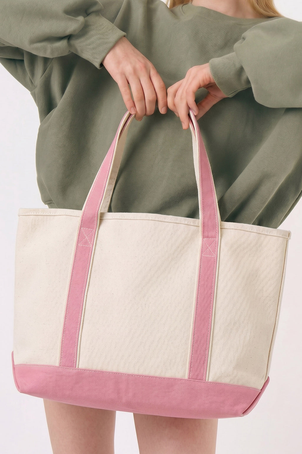 Pink Color Block Detail Durable Handles Canvas Tote Bag