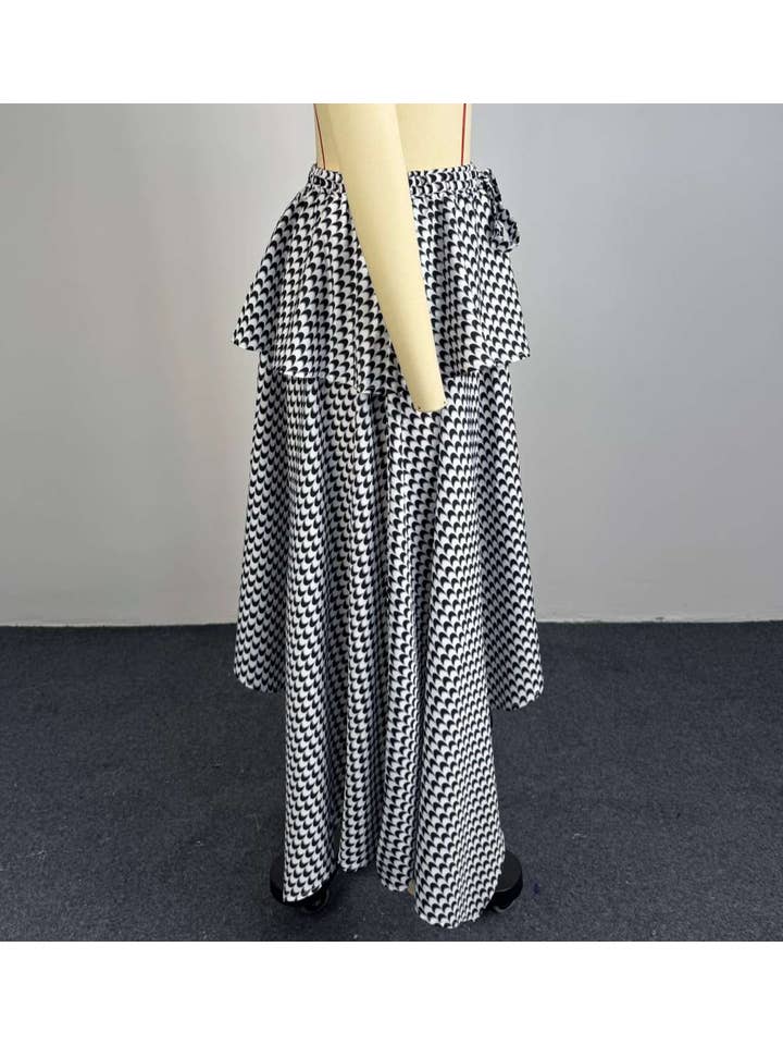Drawstring Gingham Tiered Skirt Plaid Irregular Maxi Skirt