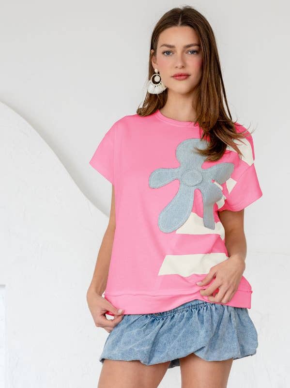 TR2073-01_Stripe and Patchwork Top with Denim Contrast Cut