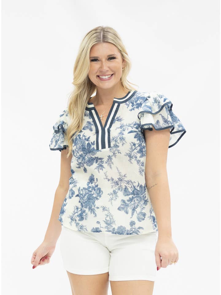 V-Neck Flutter Sleeve Top, Blue Floral