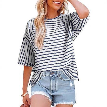 2026 Women Striped Color Block Short Sleeve T-Shirt