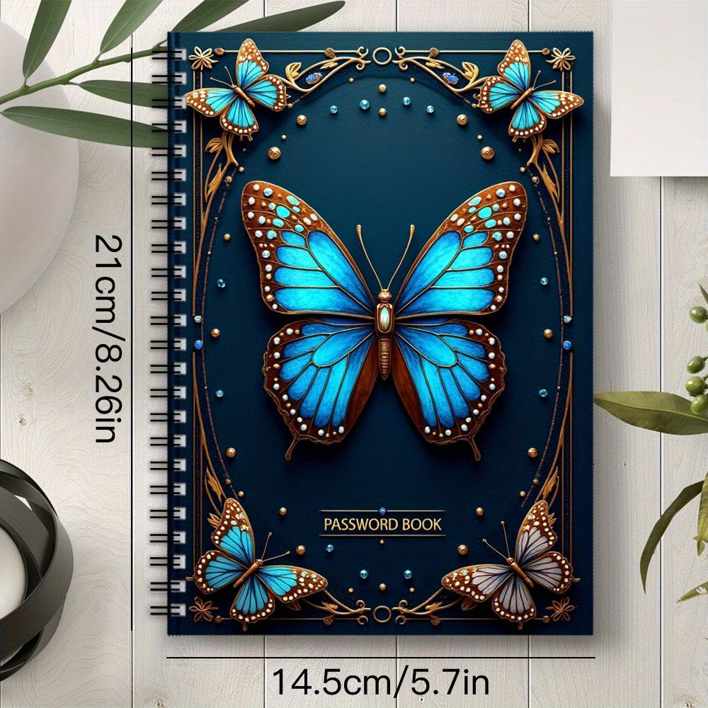 70-Sheet Spiral Password Notebook, Elegant Blue And Brown Butterfly Design - Golden Accents, Floral Patterns, And Beaded Border - Ideal for Home Or Office Password Management