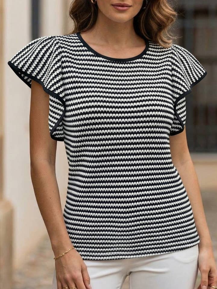 Stripe Flutter Sleeve Casual Tee