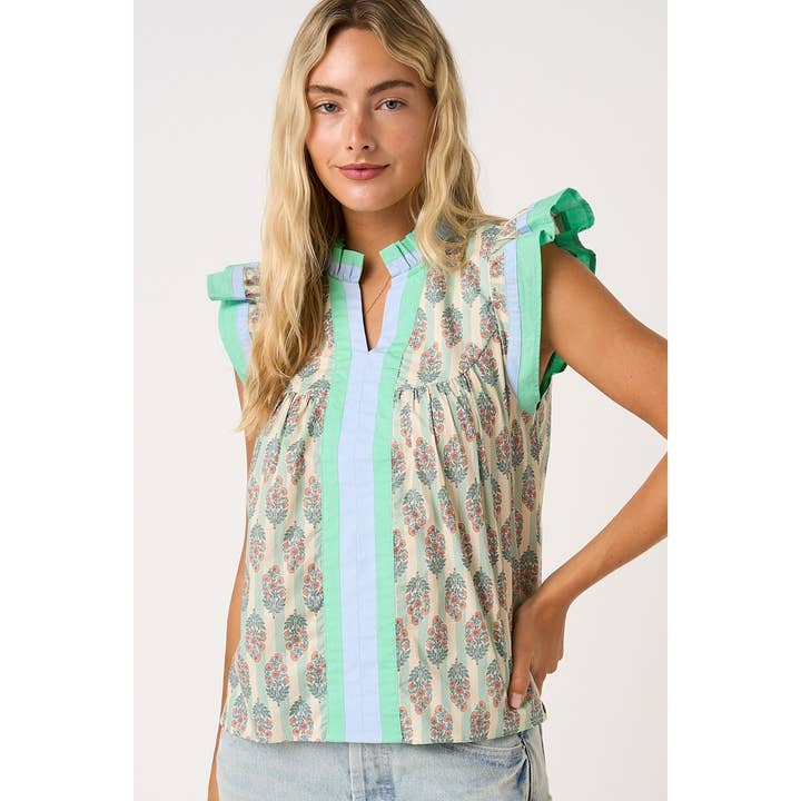 Contrast Striped Floral Print Ruffle Sleeve Top