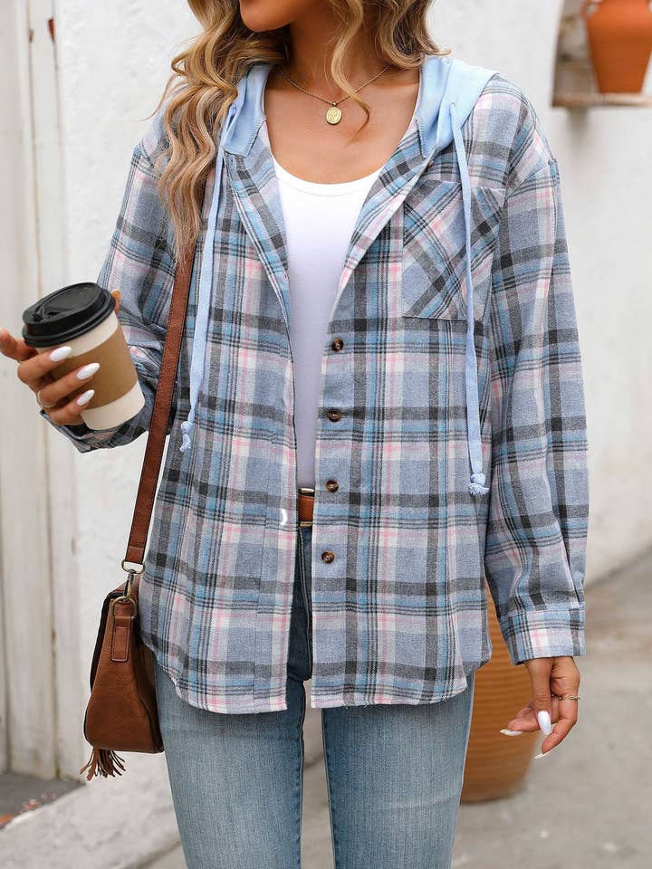 Casual Hooded Colorblocked Plaid Jacket