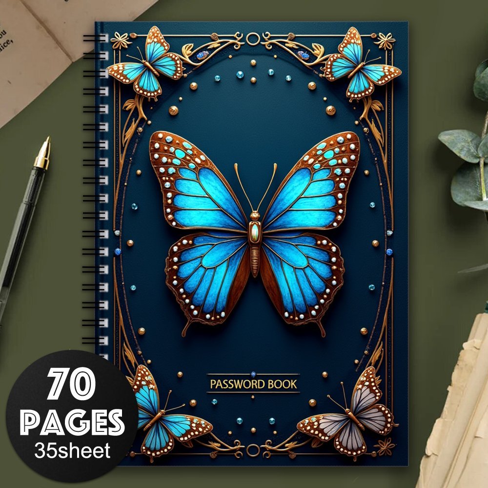 70-Sheet Spiral Password Notebook, Elegant Blue And Brown Butterfly Design - Golden Accents, Floral Patterns, And Beaded Border - Ideal for Home Or Office Password Management