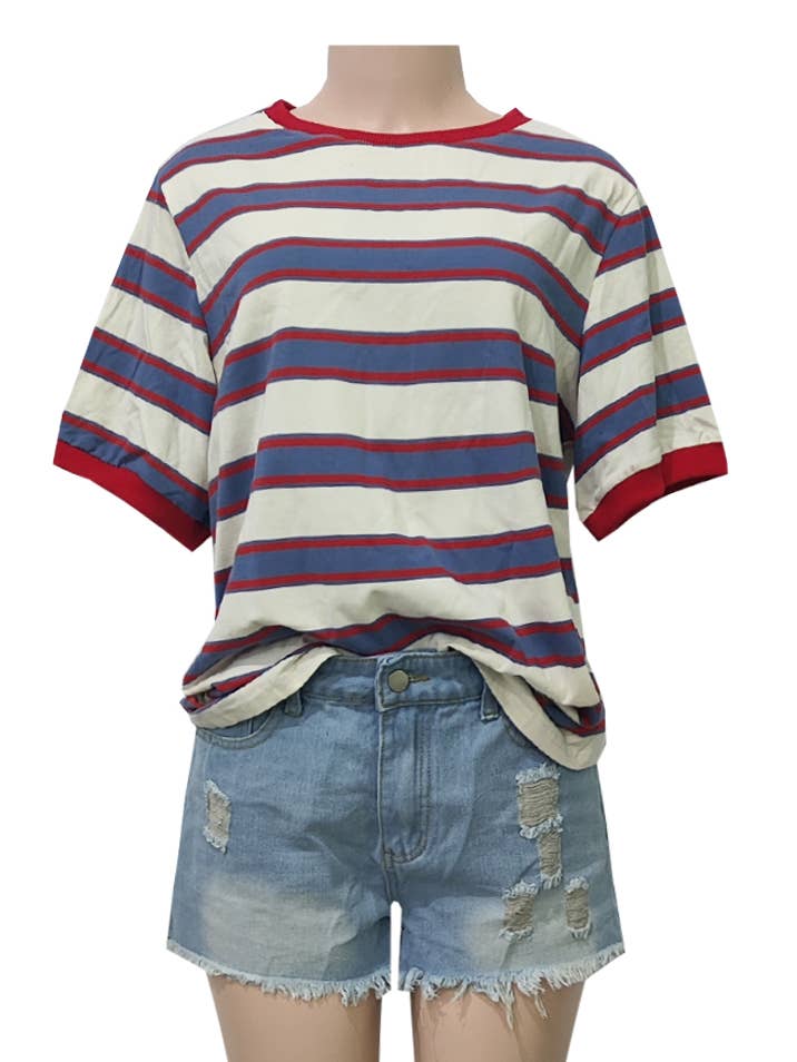 Short Sleeve Colorblock Crewneck Relaxed Stripe Top