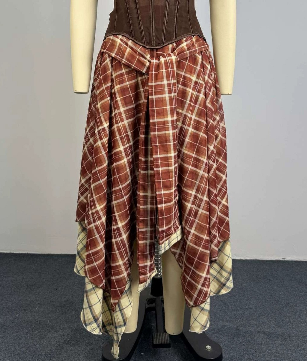 Preppy Plaid Maxi Skirt Dual-Layer Tartan Irregular Skirt
